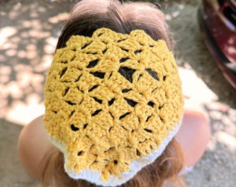 Yellow Crochet Bandana Headscarf | Boho Cottagecore Hair Accessory with White Border