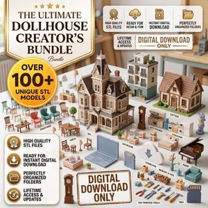 Puede incluir: Una colección digital de más de 100 modelos de casas de muñecas imprimibles en 3D, incluyendo una mansión victoriana, cabaña, edificio, muebles en miniatura, piano y herramientas. El conjunto incluye etiquetas de texto como The Ultimate Dollhouse Creator's Bundle.