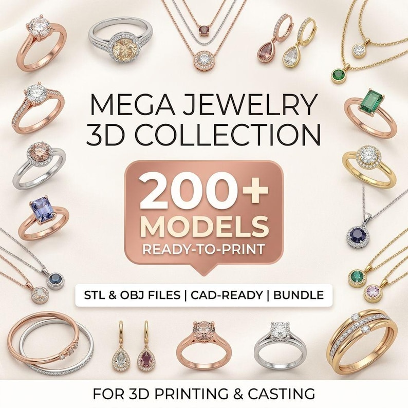 Op de afbeelding: Een digitale collectie van sieradenmodellen met diverse ringen, kettingen en oorbellen met verschillende edelstenen en metaalafwerkingen. De tekst luidt MEGA JEWELRY 3D COLLECTION, 200+ MODELS READY-TO-PRINT, STL & OBJ FILES | CAD-READY | BUNDLE, FOR 3D PRINTING & CASTING.