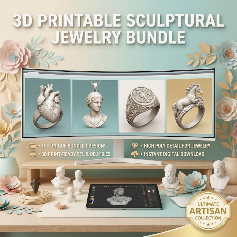 Op de afbeelding: Een digitaal scherm met een 3D-printbare sculpturale sieradenbundel met ontwerpen zoals een anatomische hartring, een klassieke bustehanger, een versierde zegelring en een paardenring, naast 3D-geprinte bustes en een tabletscherm.