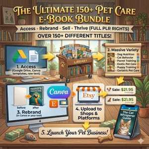 Puede incluir: Un gr&aacute;fico digital titulado The Ultimate 150+ Pet Care E-Book Bundle que muestra un proceso de negocio de cinco pasos. Incluye monitores de computadora, un carrito de biblioteca, un pergamino con temas y un tel&eacute;fono con The Cat Whisperer Guide.