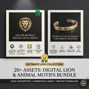 Op de afbeelding: Een digitaal assetpakket genaamd Ultimate Lion Collection met een gouden leeuwenlogo, een gouden armband met leeuwenmotieven en iconen voor 3D-renderpakketten, texturen en posters. Bevat tekst voor commercieel gebruik en directe download.