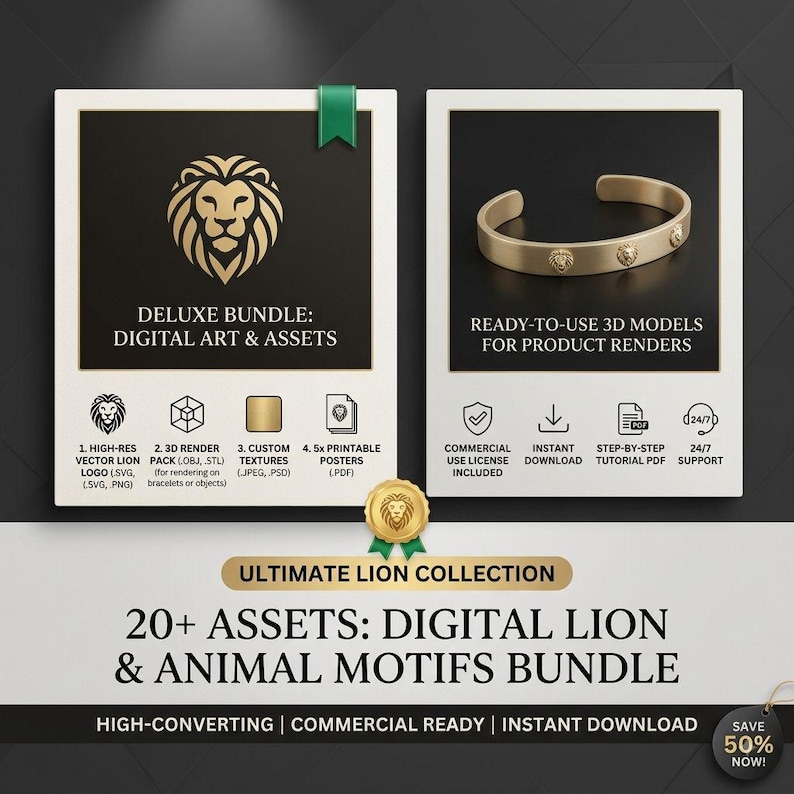 Op de afbeelding: Een digitaal assetpakket genaamd Ultimate Lion Collection met een gouden leeuwenlogo, een gouden armband met leeuwenmotieven en iconen voor 3D-renderpakketten, texturen en posters. Bevat tekst voor commercieel gebruik en directe download.