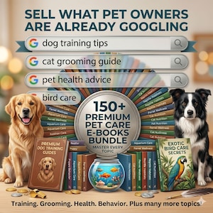 Puede incluir: Un paquete de productos digitales con m&aacute;s de 150 libros electr&oacute;nicos premium sobre cuidado de mascotas con el texto SELL WHAT PET OWNERS ARE ALREADY GOOGLING, dog training tips, cat grooming guide, pet health advice, bird care y Training.