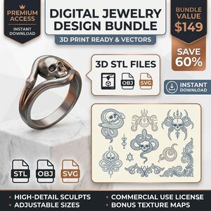 Op de afbeelding: Een digitaal sieraadontwerppakket met een 3D-render van een metalen ring met een schedel- en slangenmotief. De afbeelding bevat tekst zoals DIGITAL JEWELRY DESIGN BUNDLE, 3D STL FILES en een verzameling lijntekeningen van schedels en slangen.