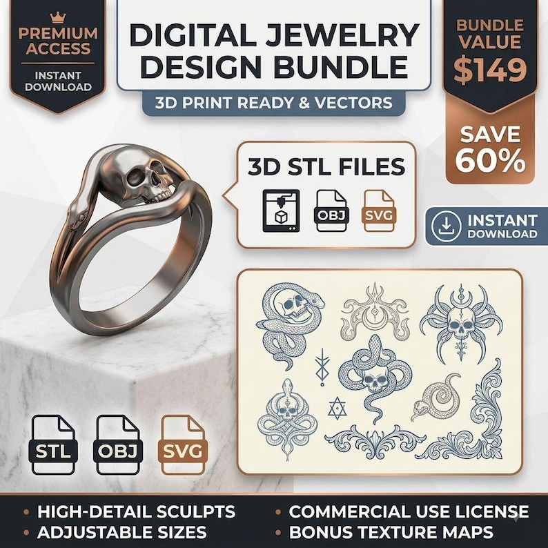 Op de afbeelding: Een digitaal sieraadontwerppakket met een 3D-render van een metalen ring met een schedel- en slangenmotief. De afbeelding bevat tekst zoals DIGITAL JEWELRY DESIGN BUNDLE, 3D STL FILES en een verzameling lijntekeningen van schedels en slangen.
