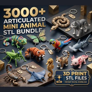 Può includere: Una collezione di portachiavi articolati a forma di mini animali, tra cui un camaleonte, una farfalla, un pappagallo e un lupo. L'immagine presenta il testo "3000+ ARTICULATED MINI ANIMAL STL BUNDLE" e "3D PRINT STL FILES".