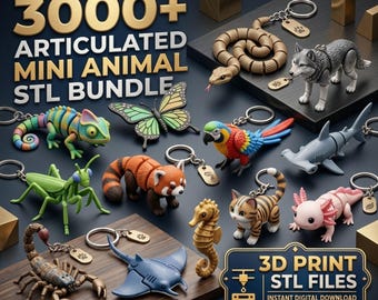 May include: A collection of articulated mini animal keychains, including a chameleon, butterfly, parrot, and wolf. The image features the text "3000+ ARTICULATED MINI ANIMAL STL BUNDLE" and "3D PRINT STL FILES".