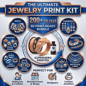 Op de afbeelding: De Ultimate Jewelry Print Kit bevat meer dan 200 STL-bestanden voor 3D-printen. Het toont ronde iconen met ringen, oorbellen, hangers, armbanden, zettingen, vintage stijlen en kettingverbindingen, plus een 3D-geprinte superheldenring en hars.