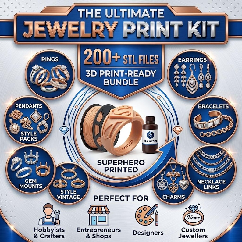 Op de afbeelding: De Ultimate Jewelry Print Kit bevat meer dan 200 STL-bestanden voor 3D-printen. Het toont ronde iconen met ringen, oorbellen, hangers, armbanden, zettingen, vintage stijlen en kettingverbindingen, plus een 3D-geprinte superheldenring en hars.