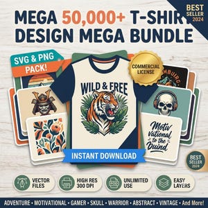 Könnte beinhalten: Ein digitales Paket mit über 50.000 T-Shirt-Designs, das eine zentrale Grafik eines Tigers mit dem Text WILD & FREE zeigt. Die Sammlung enthält SVG- und PNG-Dateien, eine kommerzielle Lizenz und verschiedene Illustrationen wie einen Samurai und einen Totenkopf.