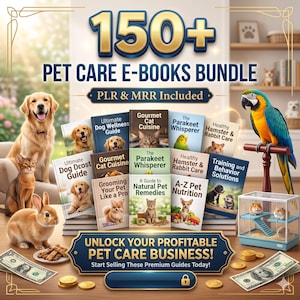 Puede incluir: Un paquete digital de m&aacute;s de 150 libros electr&oacute;nicos sobre cuidado de mascotas con gu&iacute;as sobre bienestar canino, cocina felina, periquitos y nutrici&oacute;n animal. Incluye derechos PLR y MRR, con im&aacute;genes de un golden retriever, gato y guacamayo.