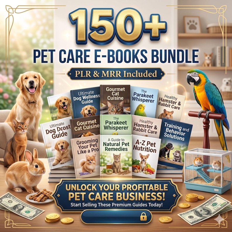 Puede incluir: Un paquete digital de m&aacute;s de 150 libros electr&oacute;nicos sobre cuidado de mascotas con gu&iacute;as sobre bienestar canino, cocina felina, periquitos y nutrici&oacute;n animal. Incluye derechos PLR y MRR, con im&aacute;genes de un golden retriever, gato y guacamayo.