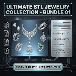 Op de afbeelding: Een digitale afbeelding getiteld Ultimate STL Jewelry Collection - Bundle 01, met diverse 3D-sieradenontwerpen zoals ringen, een ketting en hangers. De afbeelding bevat tekstlabels voor bestandsformaten, 50+ ontwerpen en licentiegegevens.