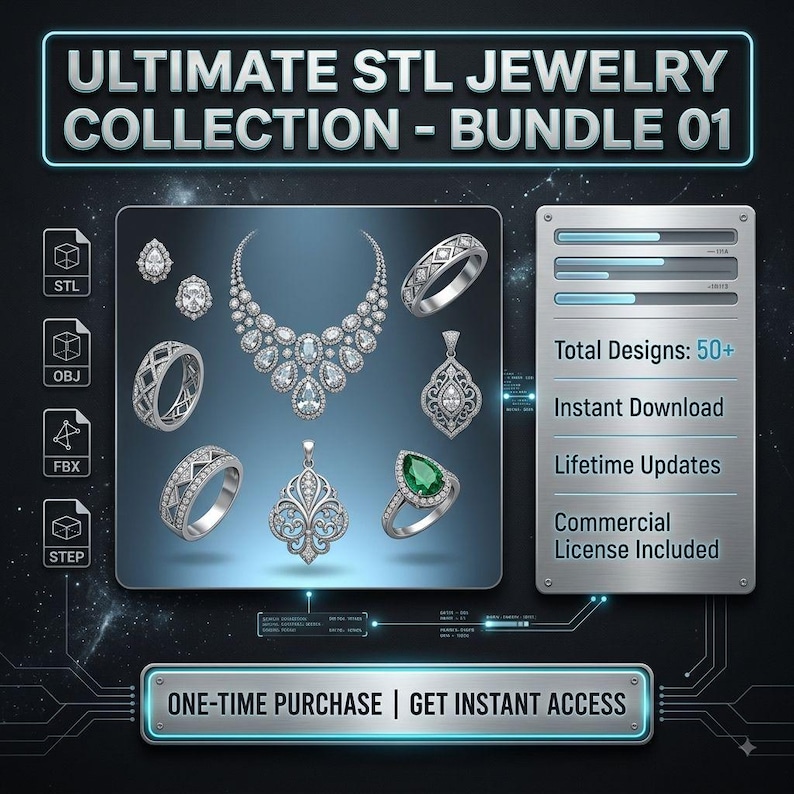 Op de afbeelding: Een digitale afbeelding getiteld Ultimate STL Jewelry Collection - Bundle 01, met diverse 3D-sieradenontwerpen zoals ringen, een ketting en hangers. De afbeelding bevat tekstlabels voor bestandsformaten, 50+ ontwerpen en licentiegegevens.