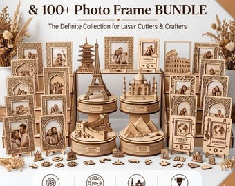 May include: A collection of laser-cut wooden world architecture models and photo frames, including the Eiffel Tower, Taj Mahal, Great Wall, and Pyramids. The set features various rectangular and oval frames, plus small decorative icons and icons.