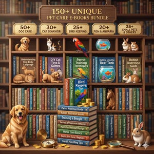 Puede incluir: Un paquete digital de m&aacute;s de 150 libros electr&oacute;nicos sobre cuidado de mascotas en una estanter&iacute;a de madera. La colecci&oacute;n incluye gu&iacute;as sobre perros, gatos, aves, peces y mascotas peque&ntilde;as. Un golden retriever y un conejo est&aacute;n delante.