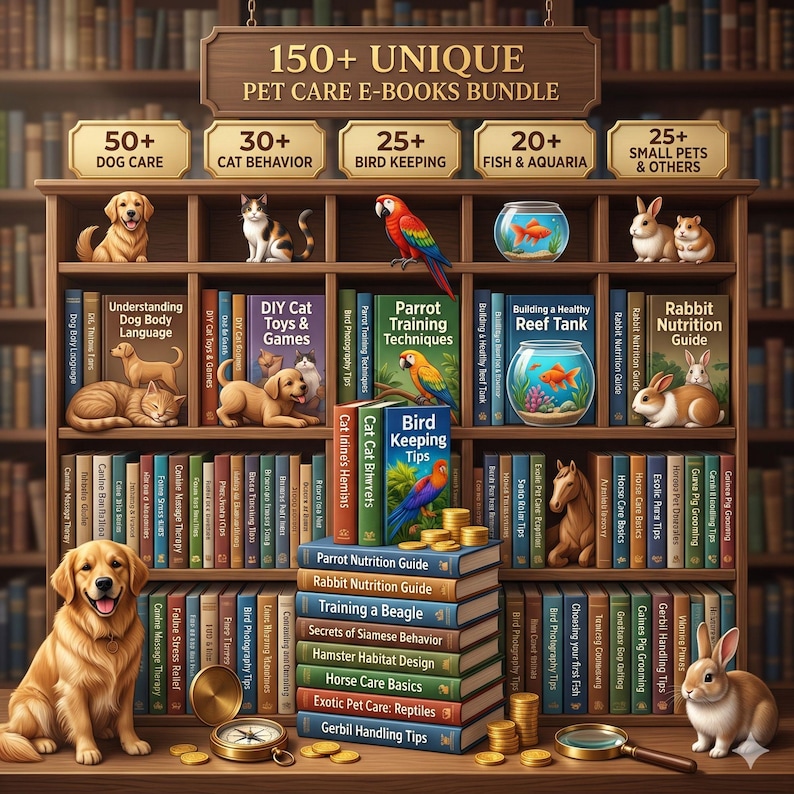 Puede incluir: Un paquete digital de m&aacute;s de 150 libros electr&oacute;nicos sobre cuidado de mascotas en una estanter&iacute;a de madera. La colecci&oacute;n incluye gu&iacute;as sobre perros, gatos, aves, peces y mascotas peque&ntilde;as. Un golden retriever y un conejo est&aacute;n delante.