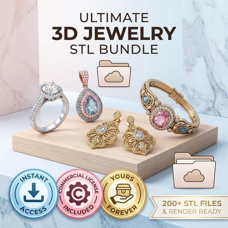 Op de afbeelding: Een digitale collectie getiteld ULTIMATE 3D JEWELRY STL BUNDLE met een zilveren diamanten ring, een peervormige blauwe edelsteen hanger, twee gouden filigraan oorbellen en een gouden armband met roze en blauwe stenen, plus 200+ STL bestanden.