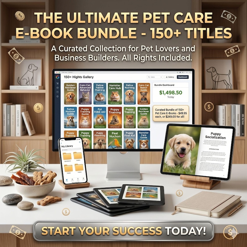 Puede incluir: Una pantalla digital muestra The Ultimate Pet Care E-Book Bundle con m&aacute;s de 150 t&iacute;tulos, un panel con portadas de libros sobre mascotas, una tableta con una gu&iacute;a de socializaci&oacute;n de cachorros, un tel&eacute;fono inteligente y golosinas en un escritorio.