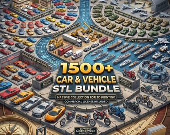 1500+ Vehicle STL Pack Bundle Race Cars Planes Trains, Boats Tanks, Helicopters Trucks & Cars STL Bundle, 3D Printing Files Digital Download