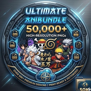 May include: A circular graphic with the text "ULTIMATE ANIBUNDLE" and "50,000+ HIGH-RESOLUTION PNGs." It features anime characters and icons for file types like PNG, SVG, PDF, AI, and PSD. The design includes a compass and the text "OVER 50K+ PREMIUM DESIGNS | PRINT-READY & VECTORIZED."