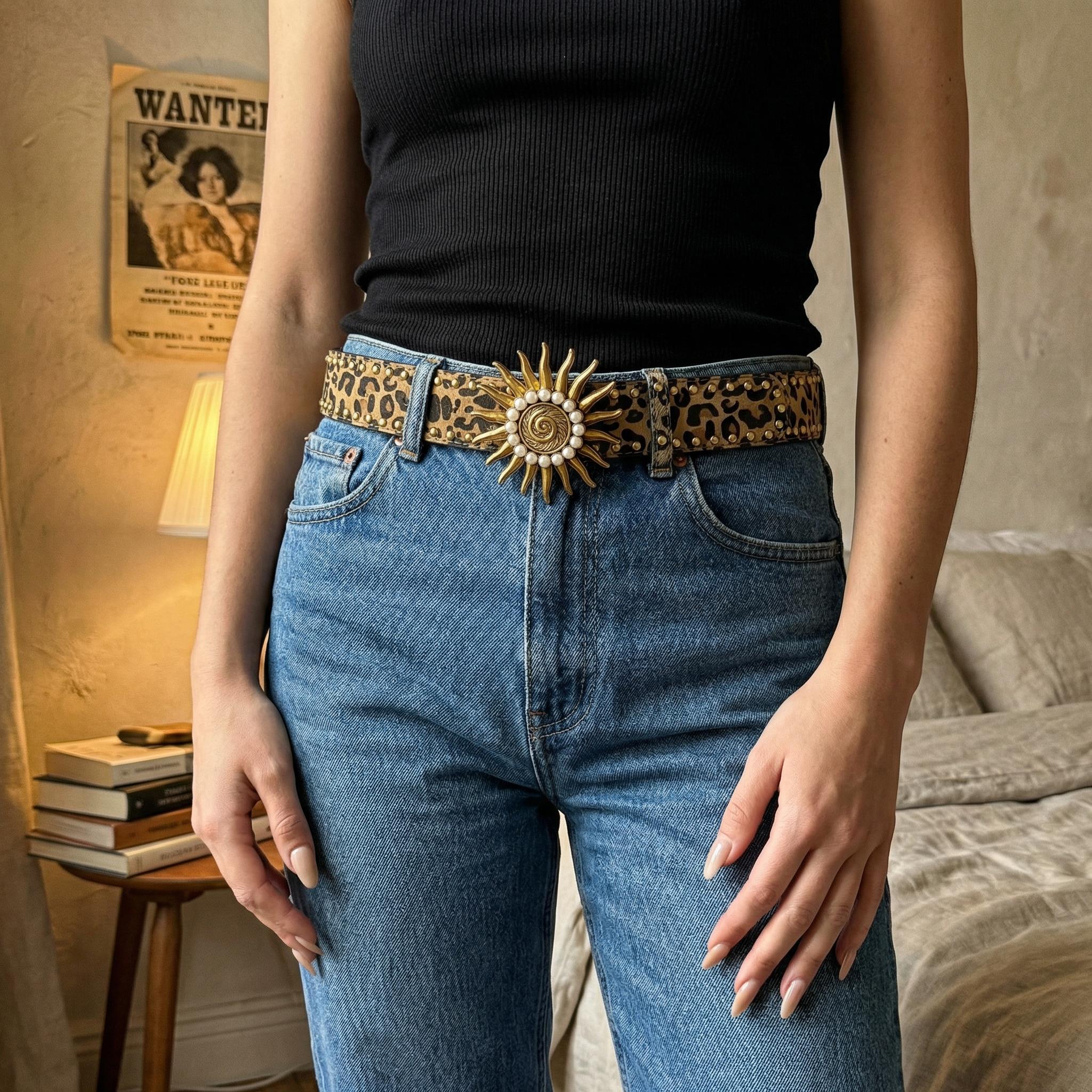 motel cheetah belt head buckle gold tone Ivory Stretch belt Sz L Women main image 3