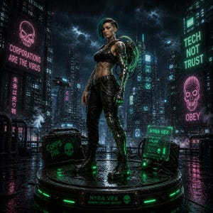Peut inclure: Illustration numérique sur le thème du cyberpunk. Une femme vêtue de noir avec des améliorations cybernétiques se tient sur une plateforme. Des enseignes au néon affichent "Corporations Are The Virus" et "Tech Not Trust". Le texte "Nyra Vex" et "Green Circuit Ghost" est également présent.