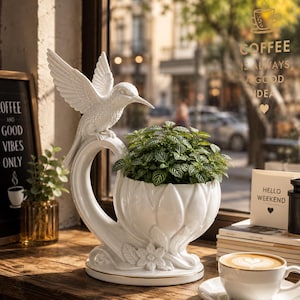 May include: A white ceramic planter with a hummingbird sculpture perched above a plant. The planter has a floral design and a gold trim. The image also includes a coffee cup and a sign that says "Coffee is always a good idea."
