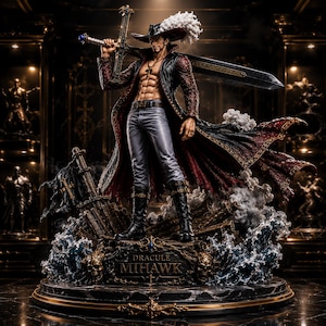 May include: A detailed statue of Dracule Mihawk, a character from One Piece, holding a large sword. The figure wears a black coat with red lining, gray pants, and a feathered hat. The statue is set on a base with crashing waves and the character's name.