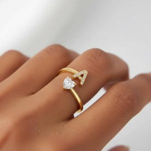 Anillos abiertos con iniciales, anillos ajustables personalizados con forma de corazón, delicados anillos llamativos chapados en oro.
