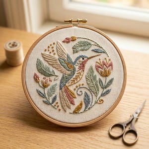 Kolibrie borduurpakket bloemen botanisch handwerk modern Cottagecore DIY ambacht natuurliefhebber cadeau
