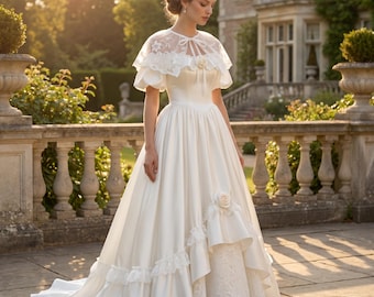 Customized Tag,Vintage Satin Lace Ball Gown Wedding Dress with Capelet,wedding dress