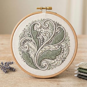May include: A round embroidery hoop featuring a detailed floral design in shades of green and cream. The design is centered on a beige fabric, framed by a wooden hoop. Embroidery floss in various green tones is visible.