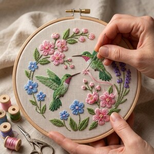 Kit de bordado de colibrí, bordado floral de pájaros, manualidades botánicas para jardín / Regalo de arte de pared de primavera para hacer tú mismo