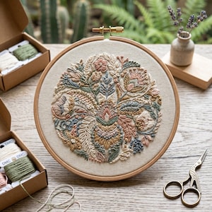May include: A round embroidery hoop featuring a detailed floral design in pastel colors. The embroidery includes various flowers and leaves, with a beige background. The wooden hoop is displayed on a wooden surface, with embroidery floss and scissors nearby.