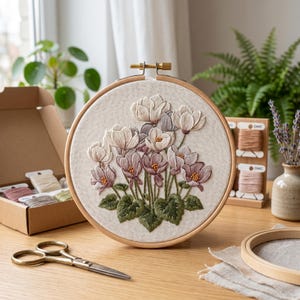 May include: A round wooden embroidery hoop containing a fabric panel with a hand-stitched floral design featuring white, mauve, and purple cyclamen flowers with green leaves. The hoop includes a metal tension screw at the top for fabric adjustment.