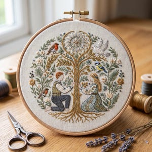 May include: A circular wooden embroidery hoop containing a fabric panel with a detailed needlepoint design of a tree, a kneeling person, and a seated person. The scene includes birds, flowers, and foliage in shades of green, brown, and blue.
