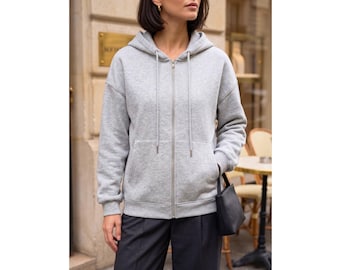 Women's Hoodie, Zip-Up Relaxed Fit Hooded Sweatshirt, Plain Hoodie
