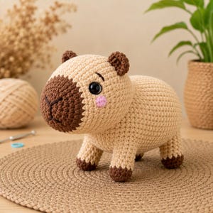 May include: A crocheted capybara stuffed animal featuring a light tan body, a dark brown snout, and dark brown feet. The toy has black plastic eyes, embroidered eyebrows, and small pink circular patches on the cheeks. It stands on four legs.