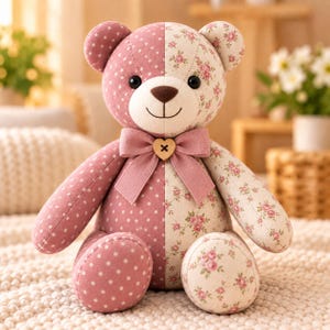 May include: A plush teddy bear featuring a split-design body. One side is dusty pink with white polka dots, while the other side is cream with a pink floral pattern. The bear has a dark brown nose, black eyes, and a pink ribbon with a wooden heart button.