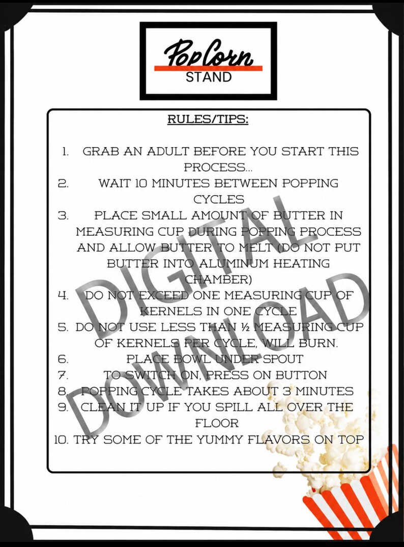 Popcorn Riules Popcorn Stand Printable - Etsy UK