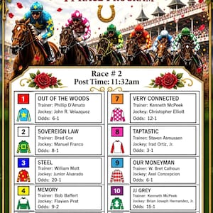 May include: A Kentucky Derby race program featuring a vibrant image of horses and jockeys in action. The program includes race details, post time, and odds for each horse. The program is framed with decorative roses.