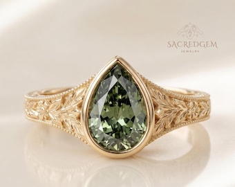 Pear Cut Green Moissanite Engagement Ring | 14K Solid Gold Bezel Set Ring | Antique Floral Engraved Wedding Ring | Anniversary Gift for Wife