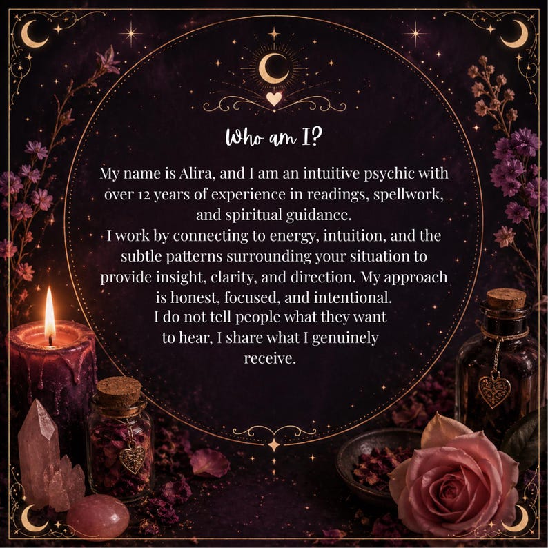May include: A mystical image with a dark purple background, featuring a lit candle, crystals, and a rose. The text "Who am I?" is displayed, along with information about an intuitive psychic named Alira, offering readings and spiritual guidance.