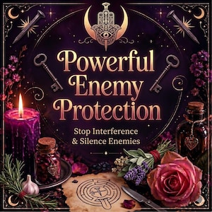 Pode incluir: Imagem digital ornamentada sobre um fundo roxo escuro. O texto "Powerful Enemy Protection" está em ouro. A imagem inclui uma vela roxa acesa, chaves, garrafas, uma rosa e o texto "Stop Interference & Silence Enemies."