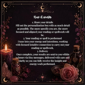 May include: An image with a dark background, featuring a lit candle, crystals, and small bottles. The text "How it works" is at the top, with steps for a reading or spellwork service. A rose and other decorative elements complete the mystical aesthetic.
