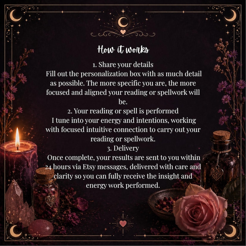 May include: An image with a dark background, featuring a lit candle, crystals, and small bottles. The text "How it works" is at the top, with steps for a reading or spellwork service. A rose and other decorative elements complete the mystical aesthetic.