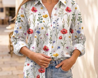 Levendig wilde bloemenshirt dames, botanische poppy linnen blouse, kleurrijke bloemen casual button-down, cottagecore zomerbloemliefhebber cadeau haar