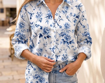 Chinoiserie Blue White Shirt, Hummingbird Floral Linen Blouse, Delft Blue Porcelain Button Down, Coastal Grandma Elegant Gift for Her